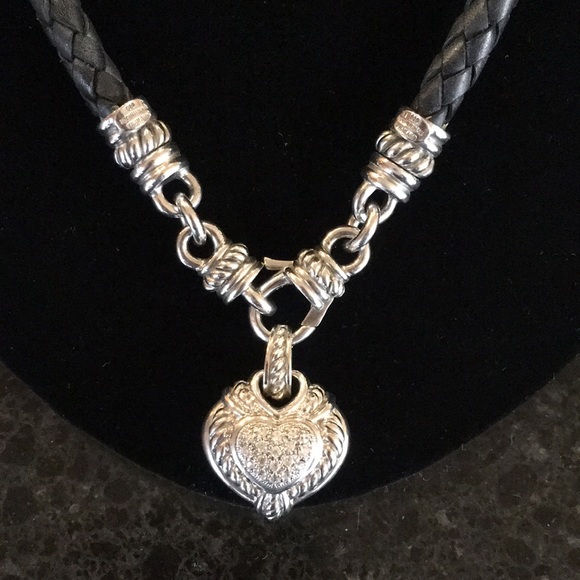 Judith Ripka Heart Pendant Braided Leather Necklace 925 Sterling
